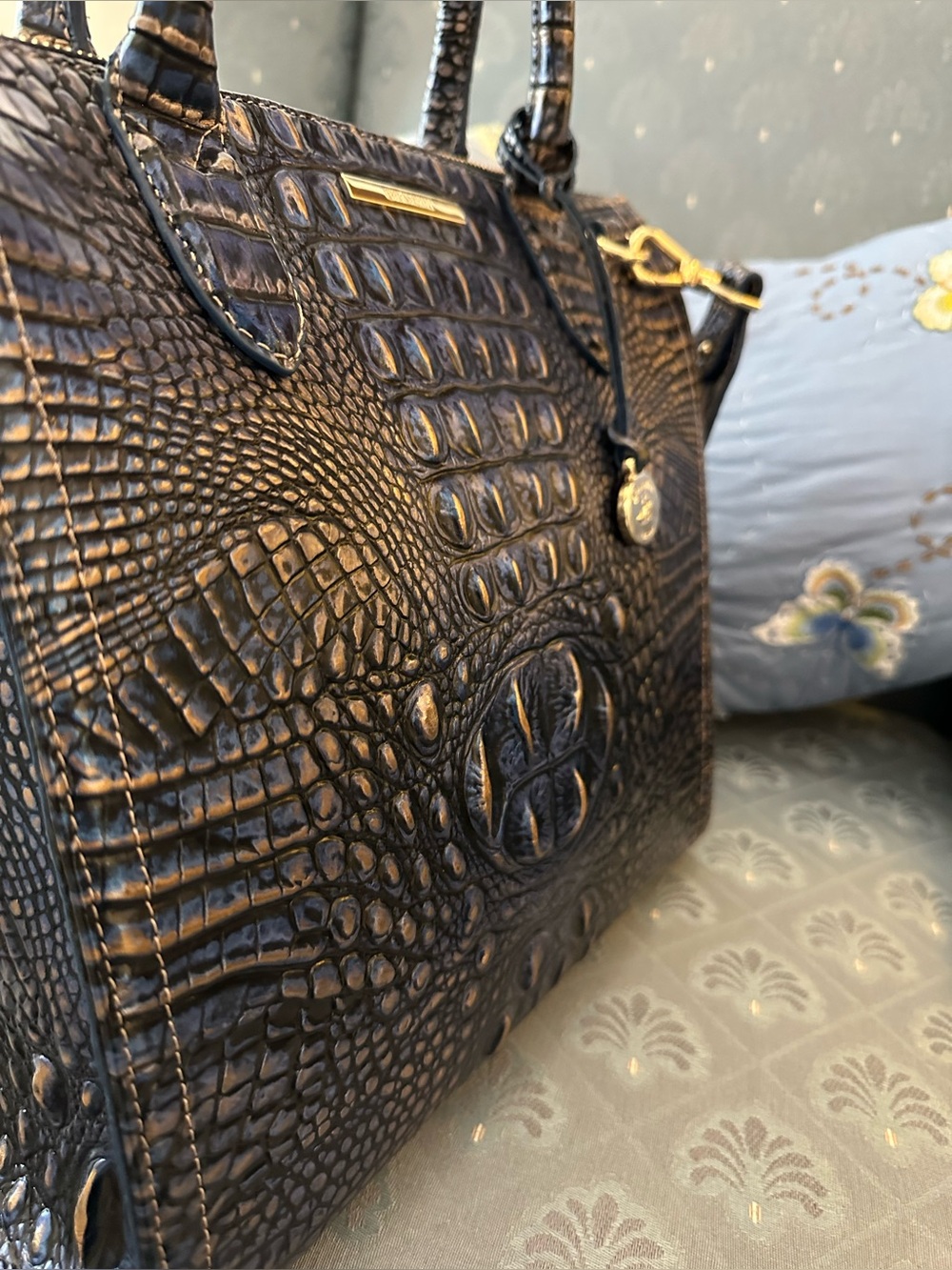 Brahmin Large Caroline Lazuli Blue Croc-Embossed Satchel - Picture 2 of 9